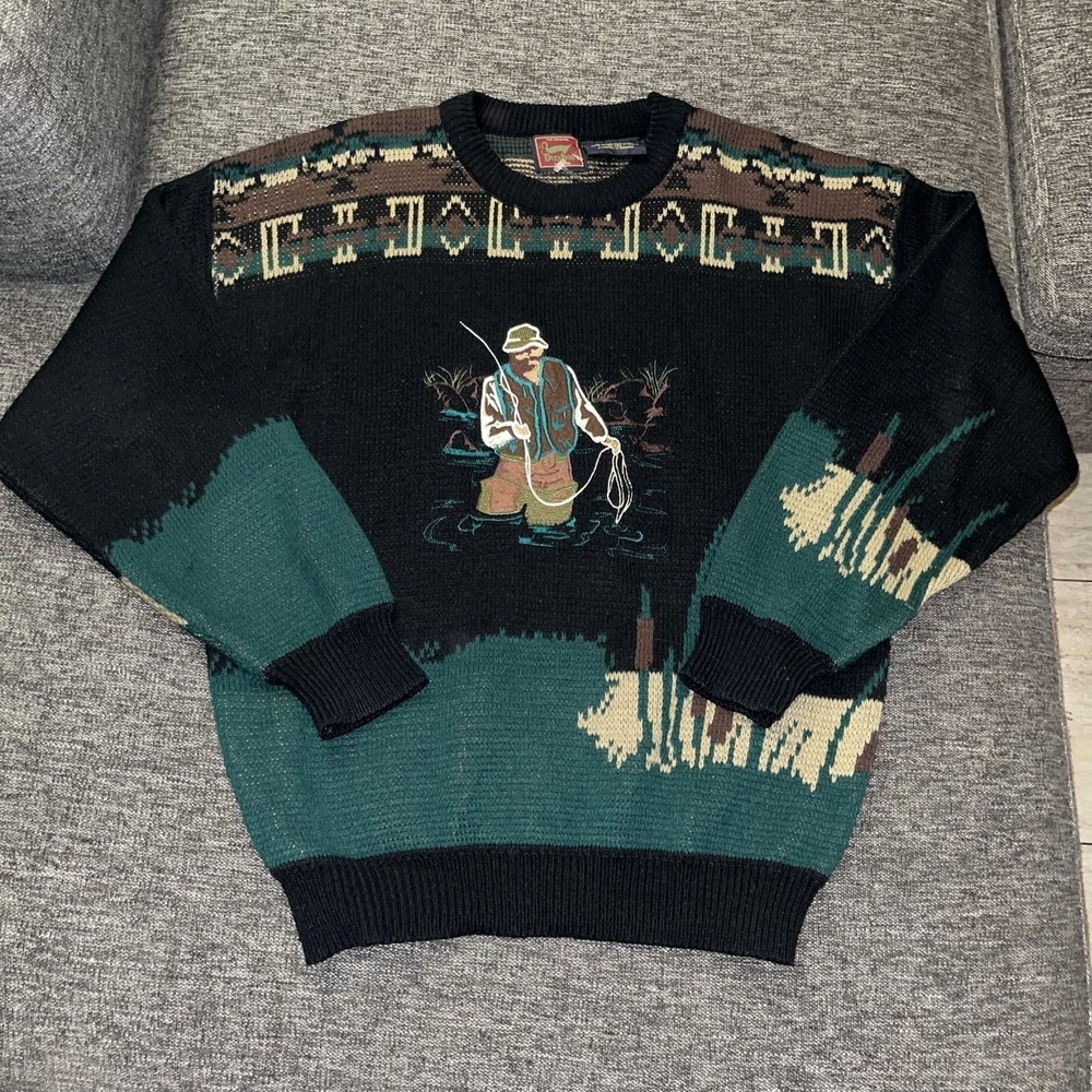 Vintage Duxbak Sweater Mens XL Black Green Fisherman Graphic Knit Outdoors